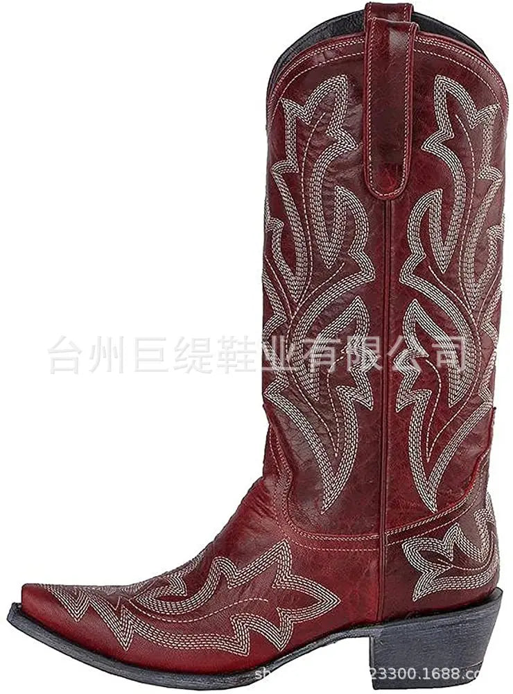Embroidery Cowboy Boots For Women Knee High Med Calf Vintage Western Cowgirl Boots Women Heeled Casual Shoes Autumn Block Heel